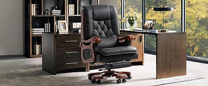 Kinnls Big and Tall Evan Massage Office Chair 2.0 with Footrest - Genuine Leather Executive Chair