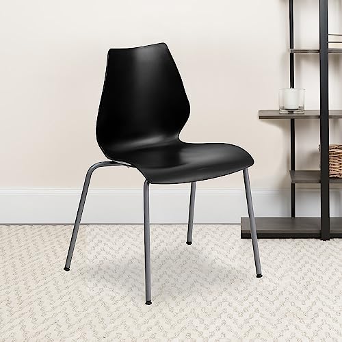 Flash Furniture Stack Chair 5 Pack - 770 lb. Capacity, Black with Lumbar Support and Silver Frame