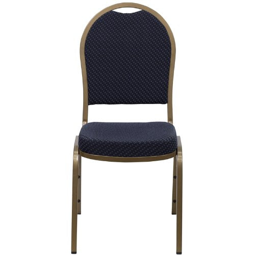 LIVING TRENDS Marvelius Dome Back Stacking Banquet Chair 10 Pack - Navy Patterned Fabric, Gold Frame