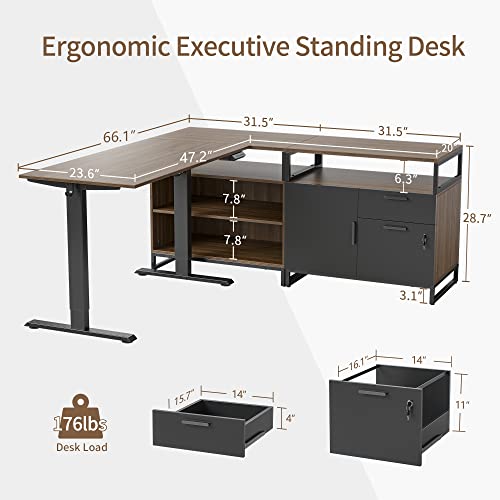 FEZIBO L Shaped Standing Desk with File Cabinet, Electric Height Adjustable, Modern Wood Computer Desk - Black Frame/Dark Walnut Top