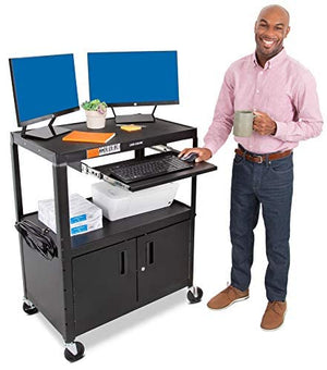 Stand Steady Line Leader Extra Wide AV Cart with Locking Cabinet, Rolling Computer Desk, Height Adjustable Utility Cart