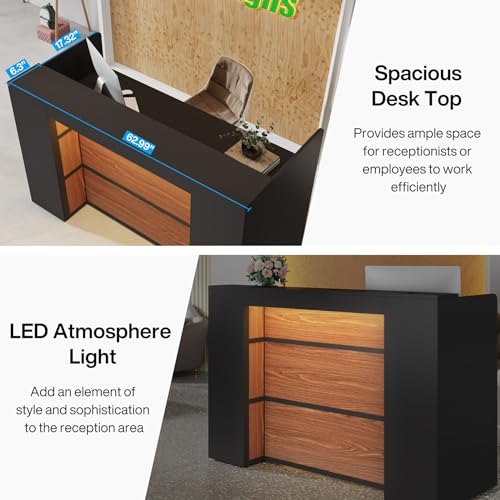 Tribesigns Reception Desk with LED Lights, 63 Inches Front Counter Table (Black&Brown)