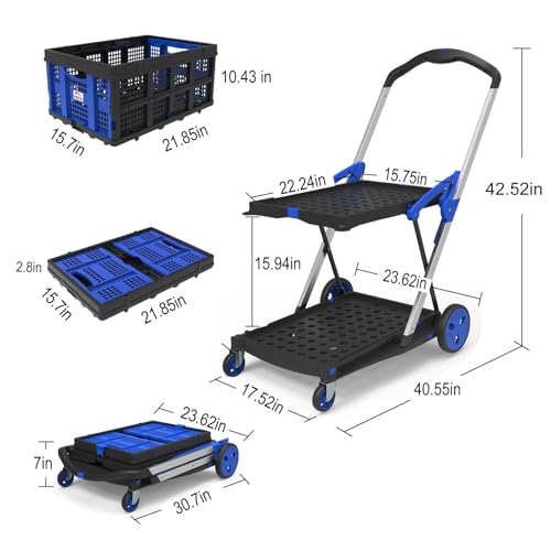 LEADALLWAY Grocery Shopping Cart with 2 Storage Crates - Collapsible Blue Cart