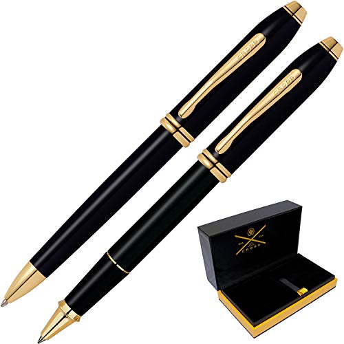 Engraved Cross Pen Set | Personalized AT Cross Townsend Black Ballpoint and Rollerball Pen Set with 23k Gold Accents. Custom Engraved Fast by Dayspring Pens.