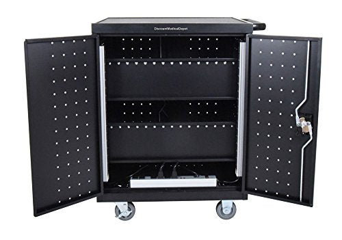 DMD Deluxe Mobile Charging and Storage Cart, Holds 32 Devices with up to 17" Display, Multiple iPad, Tablet, Laptop, Notebook and Chromebook Charging Station / Security Cabinet with Timer