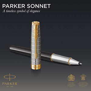 PARKER Sonnet Rollerball Pen | Premium Metal and Black Gloss Finish with Gold Trim | Fine Point with Black Ink Refill | Gift Box