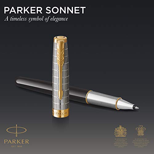 PARKER Sonnet Rollerball Pen | Premium Metal and Black Gloss Finish with Gold Trim | Fine Point with Black Ink Refill | Gift Box