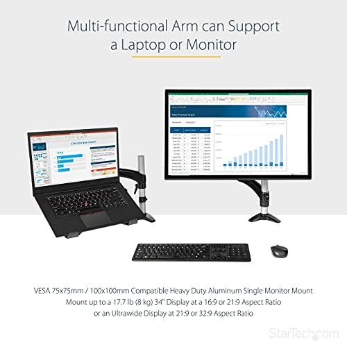 StarTech.com Desk Mount Laptop Arm - Full Motion Articulating Arm for Laptop or Single 34" Monitor - VESA Mount Laptop Tray Bracket - Ergonomic Adjustable Notebook Stand - Desk-Clamp (ARMUNONB1)