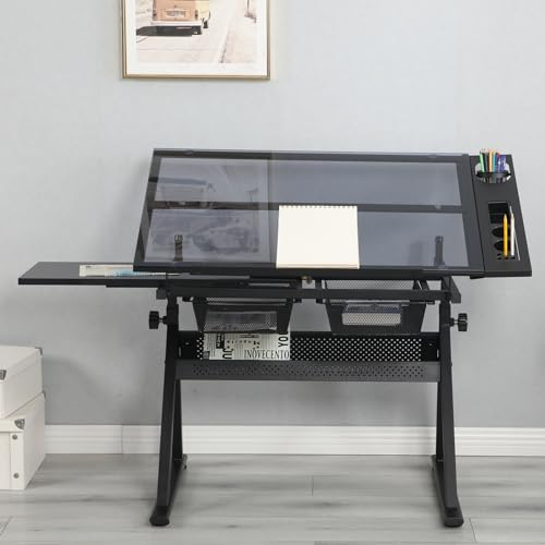 Tzou Drafting Desk with Side Shelf and Chair - Adjustable Drawing Table with Storage Drawers - Tempered Glass Art Table for Home Office
