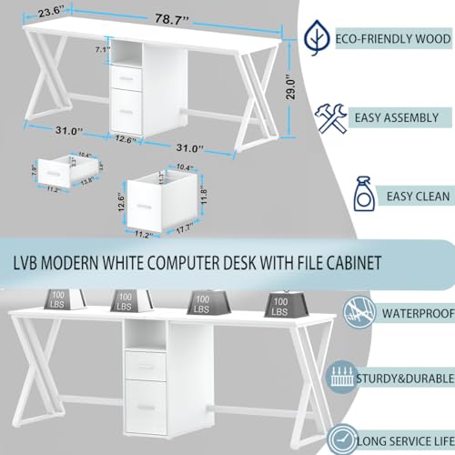LVB Large 2 Person White Computer Desk with File Cabinet and Storage Shelf