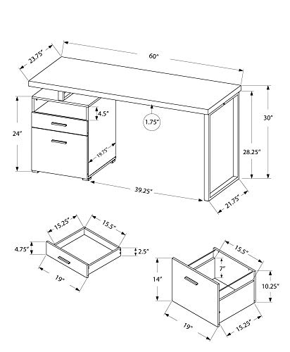 Monarch Specialties Computer Writing Desk for Home & Office Laptop Table with Drawers Open Shelf and File Cabinet-Left or Right Set Up, 60" L, White