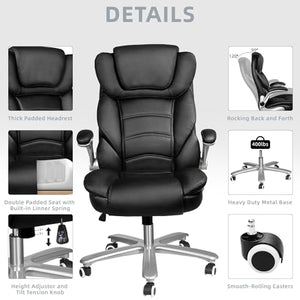 Sucrever Black Executive Office Chair with Flip-up Arms, Big and Tall 400lbs Capacity, High Back Leather, Lumbar Support, Adjustable Heavy Duty Computer Desk Chair