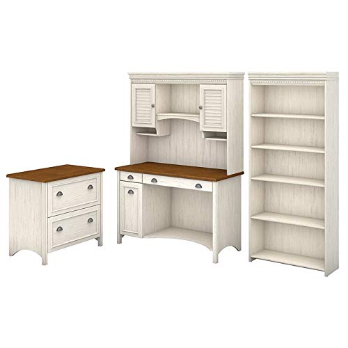 Bush Furniture Stanford Computer Desk with Hutch, Bookcase and Lateral File Cabinet in Antique White