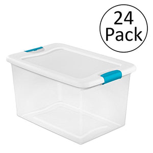 Sterilite 64 Quart Latching Plastic Storage Box, Clear w/ Blue Latches (24 Pack)