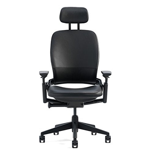 Steelcase Leap Desk Chair with Headrest in Buzz2 Black Fabric - Highly Adjustable Arms - Black Frame and Base - Standard Carpet Casters