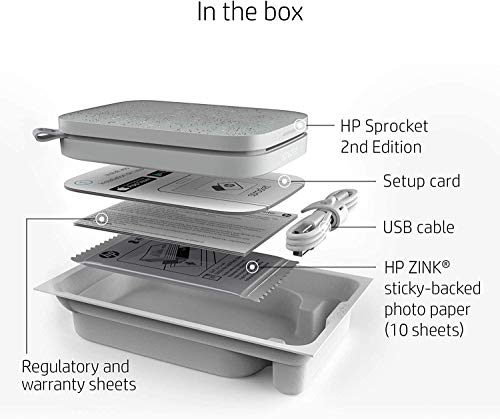 HP Sprocket Photo Printer, (2nd Edition) Print Social Media Photos on 2x3 Sticky-Backed Paper (Luna Pearl) + Photo Paper (50 Sheets) + USB Cable + 60 Decorative Stick-On Border Frames
