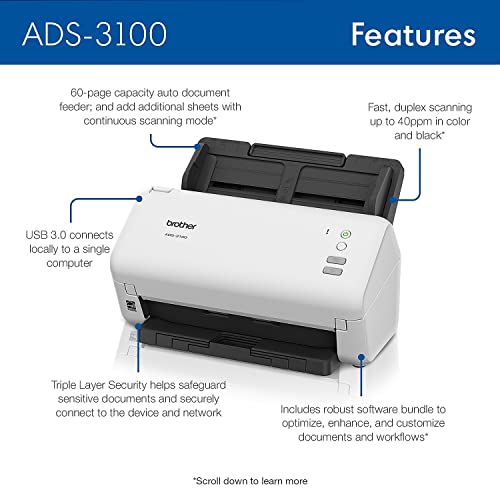Brother ADS-3100 High-Speed Desktop Scanner | Compact 40ppm Scanning