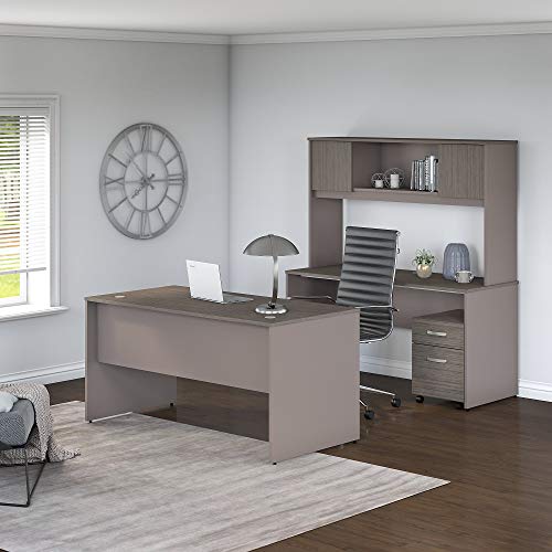 Bush Furniture Commerce 60W Office Desk with Credenza, Hutch and Mobile File Cabinet in Cocoa and Pewter