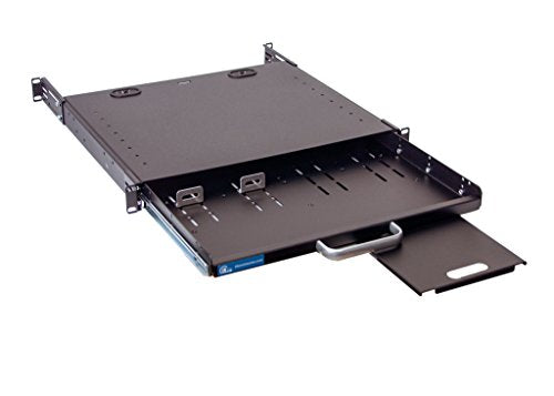 RSF1111BK21F4K3 1U Compact Rack Mount Keyboard Drawer with Retractable Mouse pad for Either Right or Left Hand Operator Supports 4 Post Rack from 18.85 inch up to 31 inch Depth Rack Cabinet