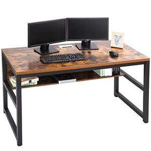 TOPSKY 55" Computer Desk with Bookshelf/Metal Desk Grommet Hole Wire Cover Rustic Brown
