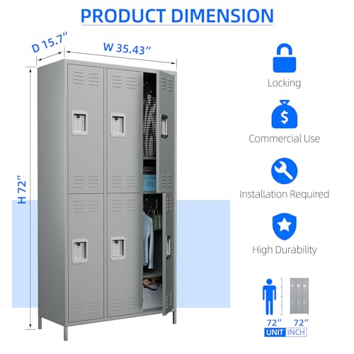 JAORD 6 Doors Metal Storage Locker Combination, 72" Steel Lockers for Employees - Gray