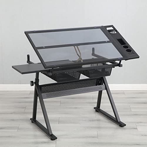 HOYOC Glass Drafting Table Art Desk with Chair and Drawers