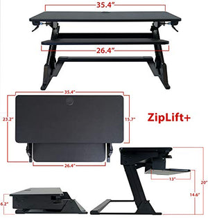 iMovR ZipLift+ Classic 35" Standing Desk Converter with Ergonomic Tilting Keyboard Tray in Black with EverMat Standing Mat