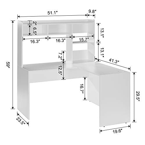 Sunon L-Shaped Computer Desk Corner Desk Home Office Office Study Workstation with Bookshelf (White)
