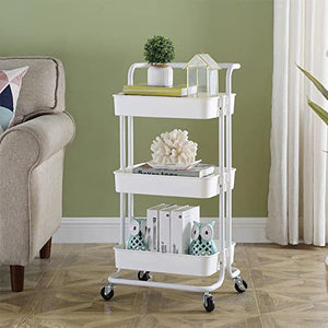 None 3-Tier Metal Rolling Utility Shelves Organizer Cart - White