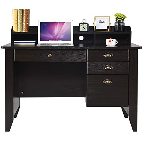 Computer Desk with Drawers and Hutch, Wood Office Desk Teens Student Desk Study Table Writing Desk for Bedroom Small Spaces Furniture with Storage Shelves, Espresso Brown