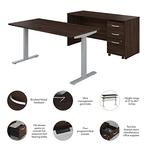 Bush Business Furniture Studio C Height Adjustable Standing Desk, Credenza, Mobile File Cabinet 60W x 30D Black Walnut