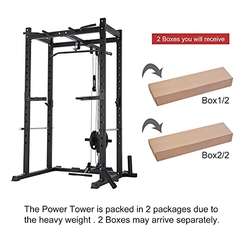 Mikolo Olympic Power Cage, 1000 lbs Commercial Weight Cage with LAT Pull-Down Pulley System, J-Hooks, 360 Degree Landmine, Dip Bars, Barbell Holder, and Other Attachments for Home Gym