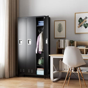 METAN Metal Locker with 3 Doors and 2 Shelves, Black - Industrial Storage Cabinet