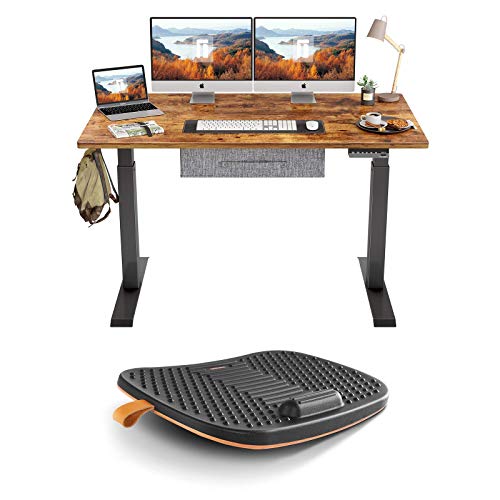 FEZIBO Electric Standing Desk with Drawer, 55 x 24 inches Splice Board | Standing Desk Mat with Anti Fatigue Bar, Wooden Wobble Balance Board (Medium, Obsidian Black)