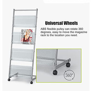 JacCos Rolling Literature Magazine Rack Organizer with Wheels - Silver Floor-Standing Commercial Storage Shelf