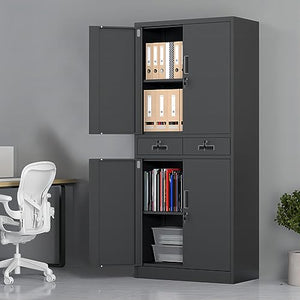 JINGUR Metal Storage Cabinet with Locking Doors, 2 Drawers & Adjustable Shelves (Black)