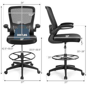 POWERSTONE Ergonomic Drafting Chair with High Back, Armrests, and Footrest (Black 2 pcs)