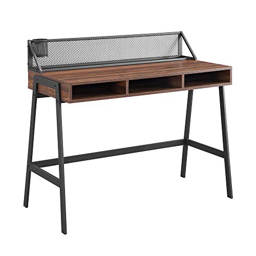 Walker Edison Industrial Mesh Wood Laptop Computer Writing Desk Home Office Workstation Small, 42 Inch, Dark Walnut Brown