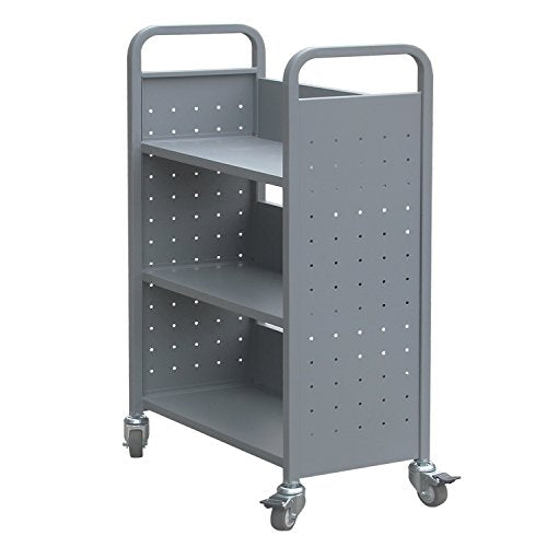 H&A Heavy Duty 4-Wheel Rolling Library Book Cart, 3 Shelves, Grey