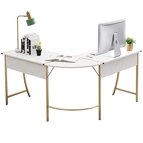 Desk L-Shaped Corner Home Office Computer Gaming Table PC Laptop Workstation White Imitation Marble Wooden Desktop Easy to Assemble (Color : Gold)