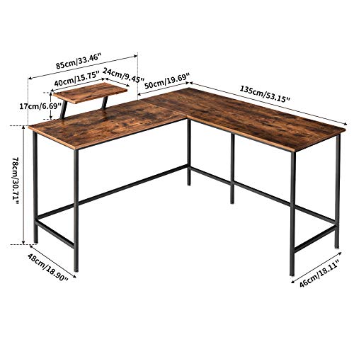 YMYNY L Shaped Computer Desk, Industrial Corner Table for Home Office, PC Laptop Workstation, Study Writing Gaming Table with Monitor Stand, Easy to Assemble, Rustic Brown UHTMJ052H