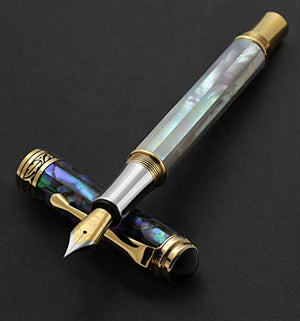 Xezo Maestro Handcrafted Oceanic Origin White Mother of Pearl and Paua Sea Shell Serialized Fine Fountain Pen. 18K Gold, Platinum Plated. No Two Alike