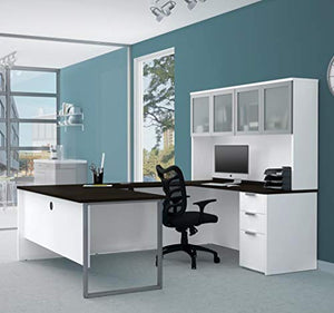 Bestar U-Shaped Desk with Pedestal and Frosted Glass Door Hutch - Pro-Concept Plus