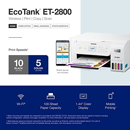 Epson EcoTank ET-2800 Wireless Color All-in-One Cartridge-Free Supertank Printer with Scan and Copy – The Ideal Basic Home Printer - White