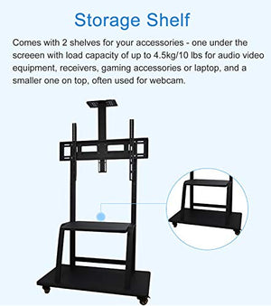 Generic Mobile TV Floor Stand/Cart - Fits 32-75 Inch TV - Universal Display Stand with Wheels & Camera Shelf - 120Kg Load