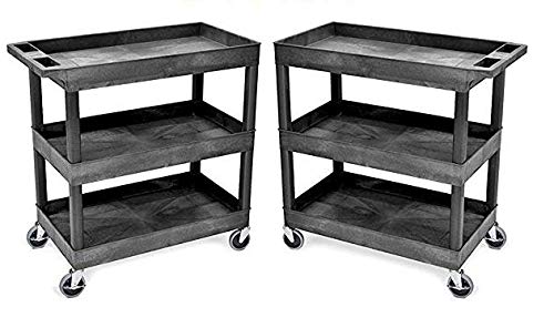 Stand Steady Tubstr 3 Shelf Utility Push Cart 2 Pack - Heavy-Duty Plastic Service Cart, 300 lbs Capacity, Black (32 x 18)