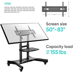 ONKRON Mobile TV Stand for 50-83 Inch TVs, Height Adjustable with Shelf, 90° Tilt, Rolling Cart - VESA 800x500, Portable Black Stand