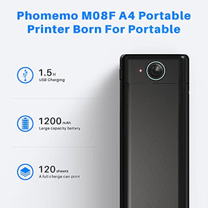Phomemo M08F A4 Portable Thermal Printer, Supports 8.26"x11.69" A4 Thermal Paper, Wireless Mobile Travel Printers for Car & Office, Bluetooth Printer Compatible with Android and iOS Phone & Laptop