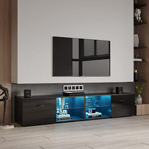 Generic Modern Entertainment Center TV Stand for TVs Up to 80" with Color-Changing LED Light - Black Wood Finish