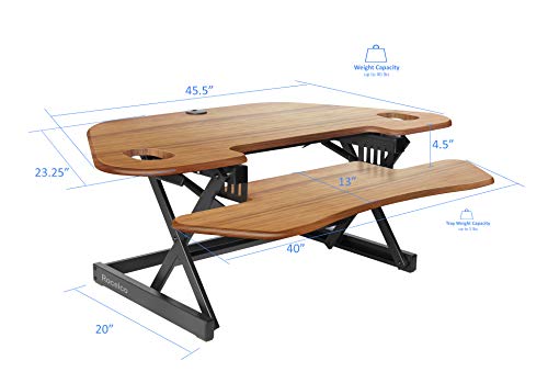 Rocelco 46" Height Adjustable Corner Standing Desk Converter with Dual Monitor Arm BUNDLE - Sit Stand Up Computer Workstation Riser - Extra Large Keyboard Tray - Teak Wood Grain (R CADRT-46-DM2)